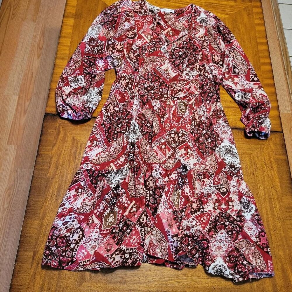 Calvin Klein Red & White Patchwork Flounce Dress - image 1